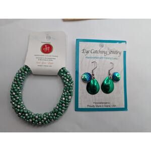 Inspirational Elements Glass Beaded Bracelet Sage Green Silver Stretch Maine